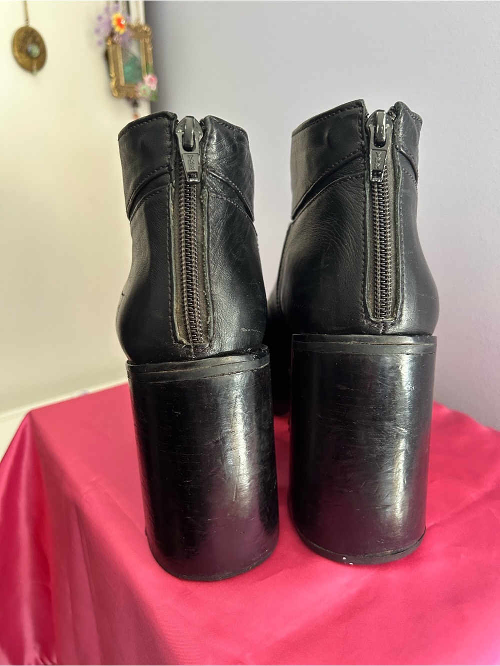Rotunda Chunky Platform Ankle Boots Black Leather Women's 8 Back Zipper - Picture 9 of 9